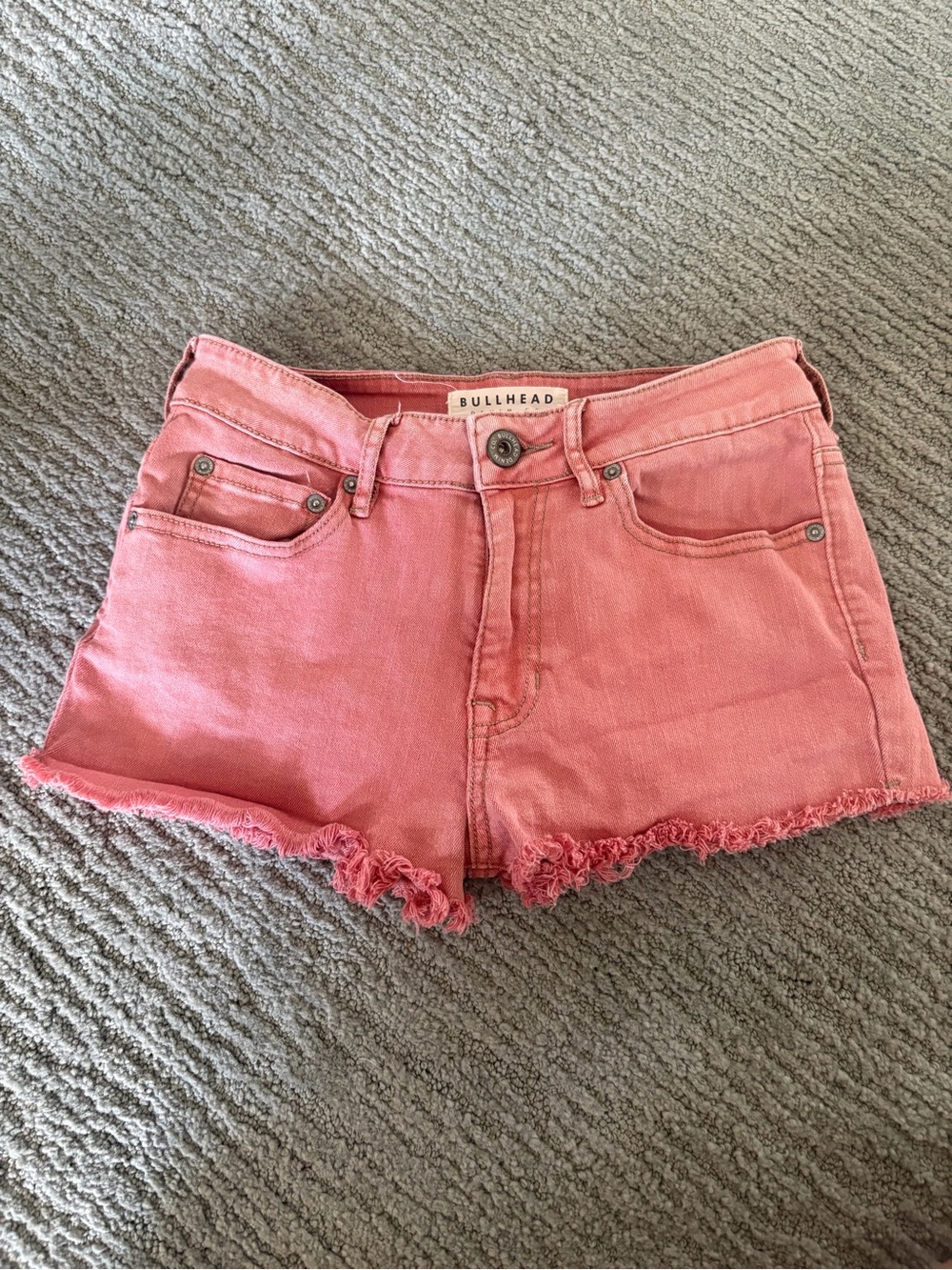 Bullhead Coral Pink Denim Frayed Hem Women's Shorts